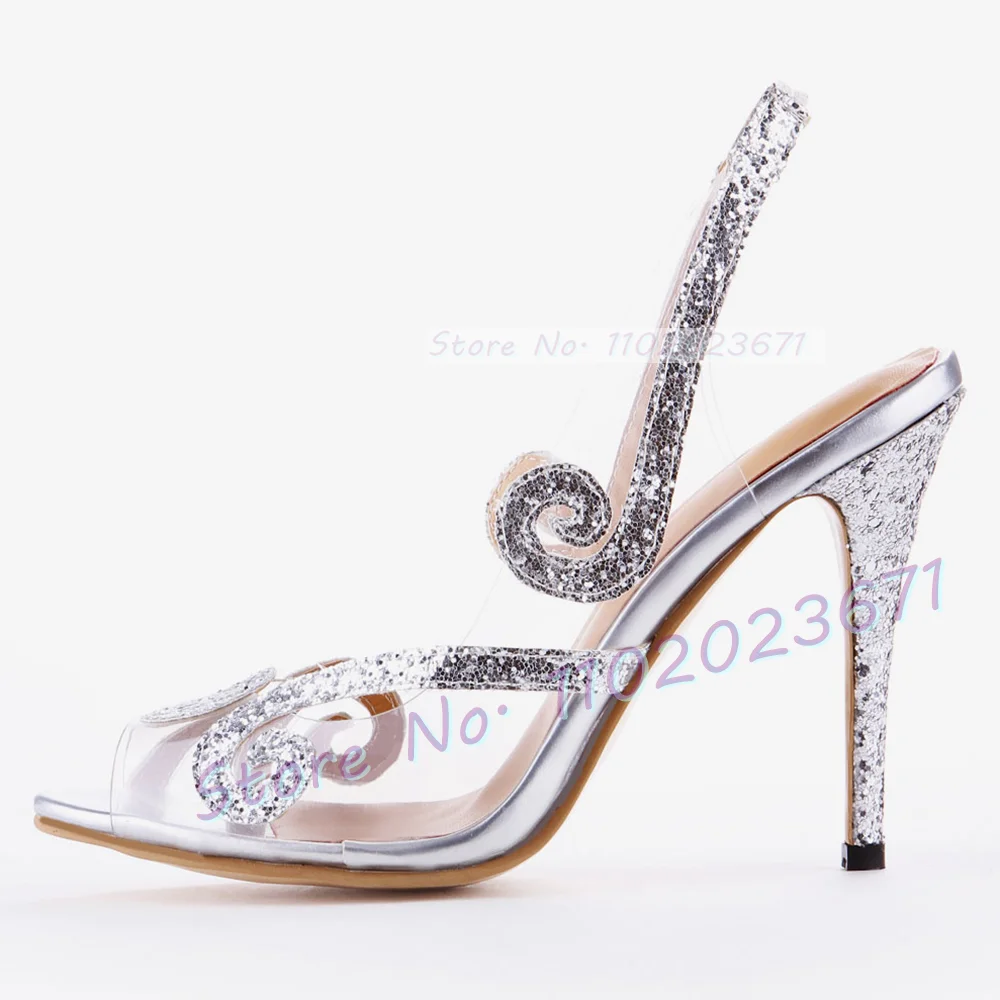 

Glitter Slingback High Heels Sandals Women Peep Toe Curved Line Decor Transparent Sandals Summer Female Luxury Sequins Shoes