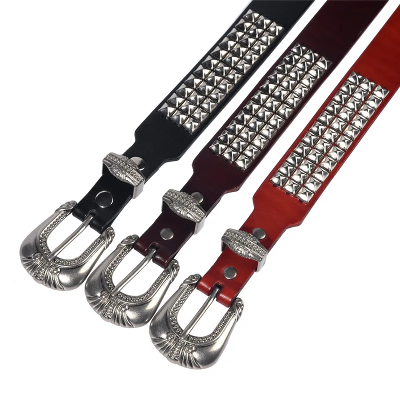 high quality New retro style personalized men's belt with vintage dark trendy rivets cowskin  luxury designer belt