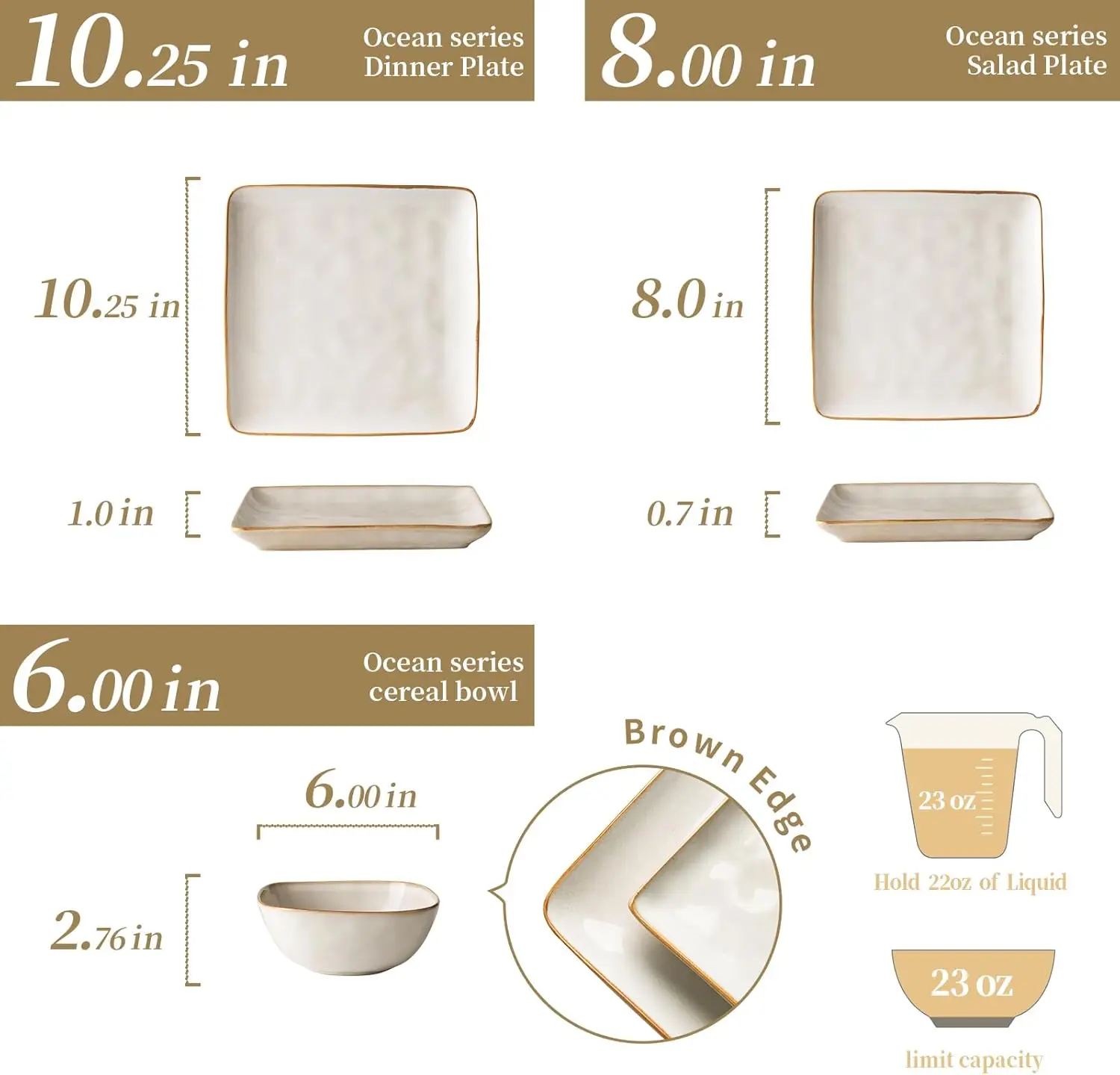 Set di stoviglie per 8, set di piatti e ciotole da cucina Ocean Square da 24 pezzi, aptos per microonde e lavastoviglie, resistente ai graffi, Ca