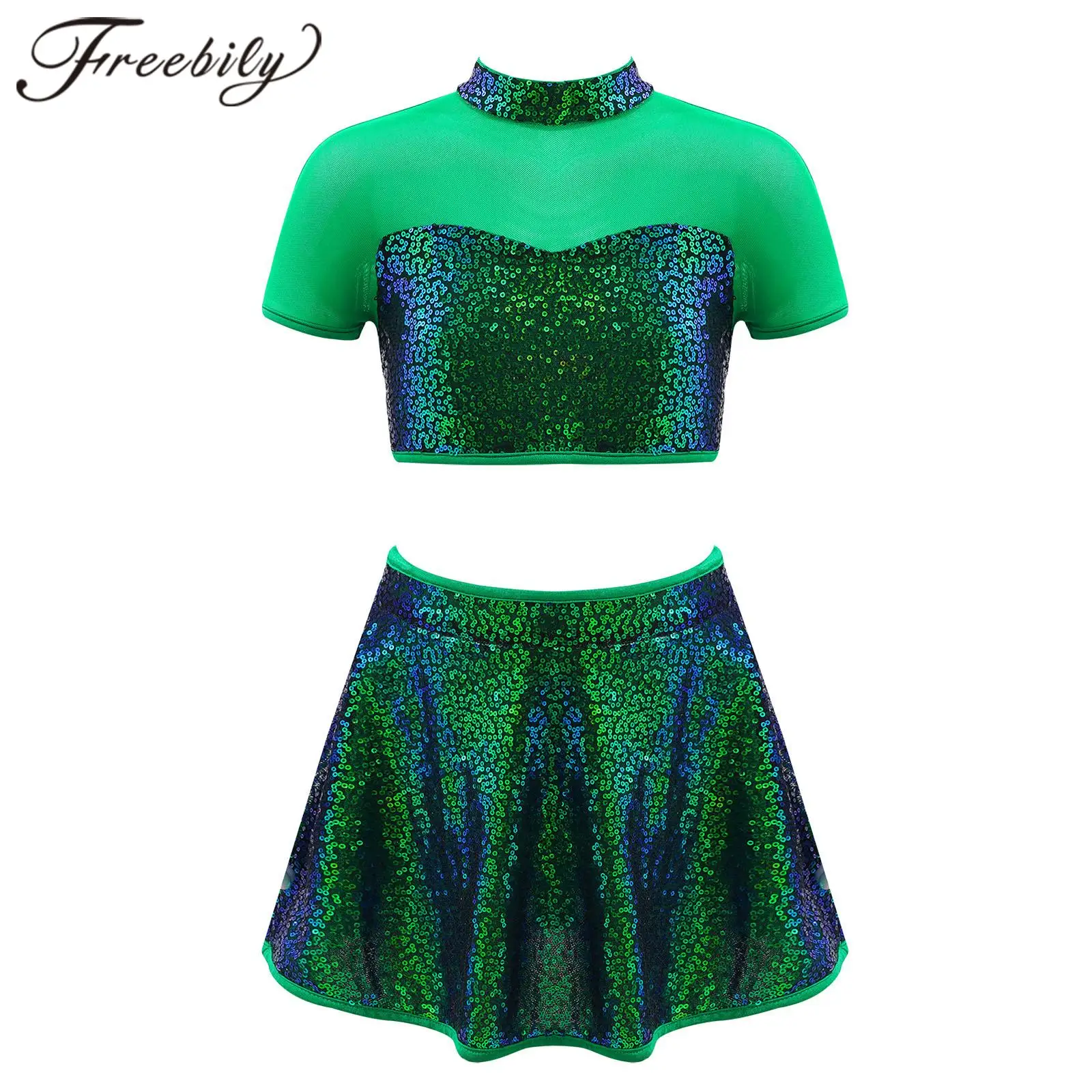 Vestido de baile de Ballet con lentejuelas para niñas, conjunto de falda corta para patinaje de Jazz, gimnasia, traje brillante, traje de baile de escenario, Verde