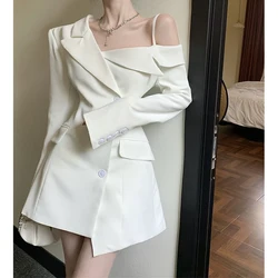 Elegant Suit Mini Dress Women Off Shoulder Irregular A Line Dresses Korean Office Lady Button Slim Chic Blazer