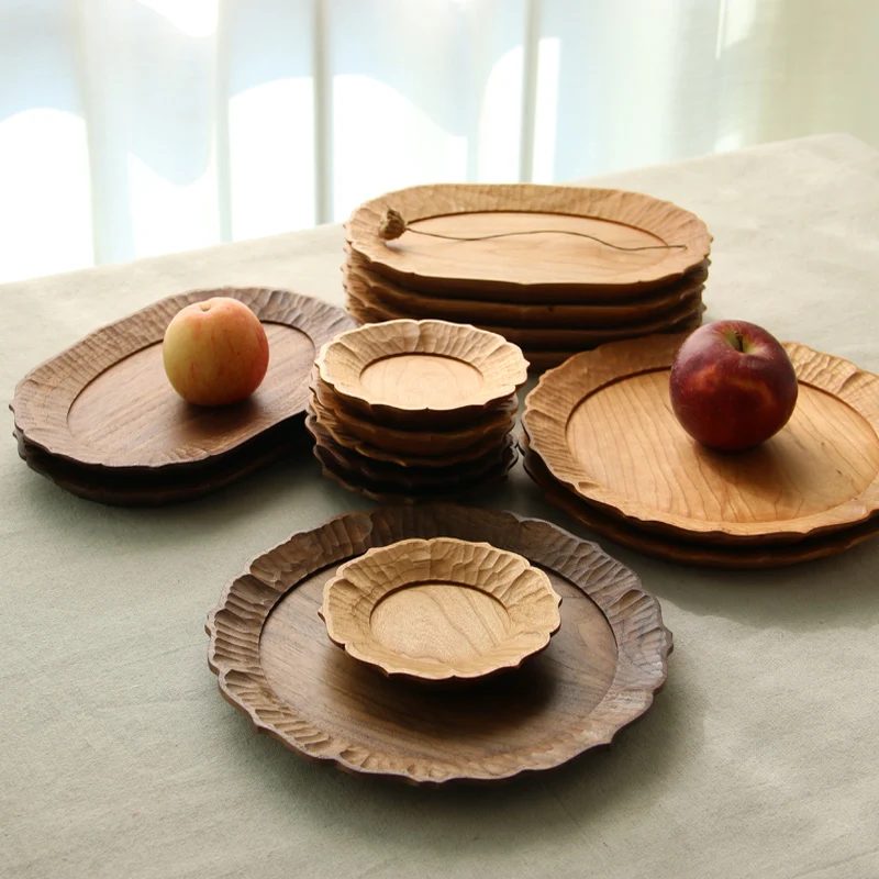 Wooden Serving Tray Decorative Round Tray Serve for Food Coffee or Tea Walnut wood whole wood hand-carved tray plate