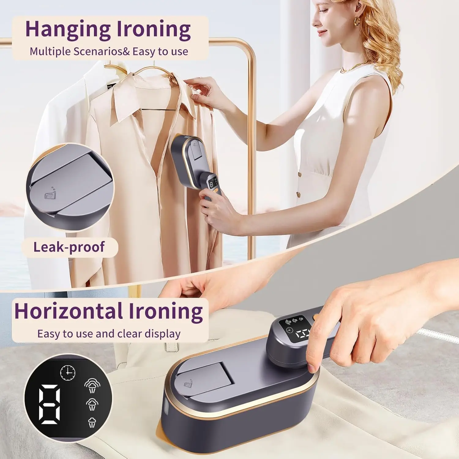 Portable Handheld Garment Steamer 180° Rotatable Handle 3 Heat Levels 1200W Fast Heating 150ml Water Tank Travel Steam Iron