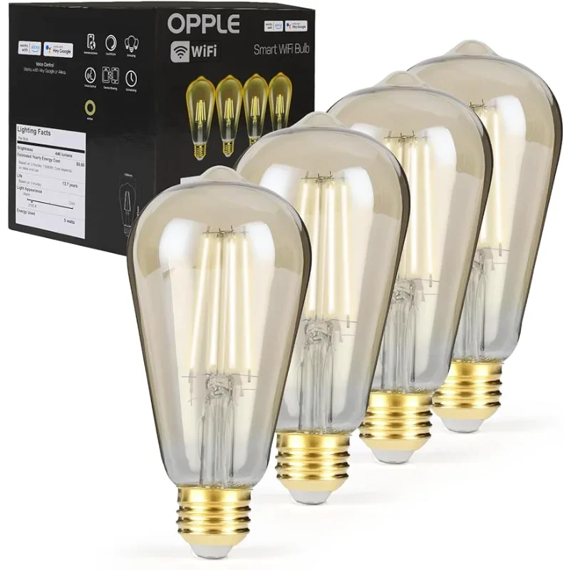 

OPPLE 110V WiFi Vintage Smart Blub LED Filament E26 4Pcs Light Bluetooth Edison Bulbs Alexa Google Home 120V 40W Equivalent ST19