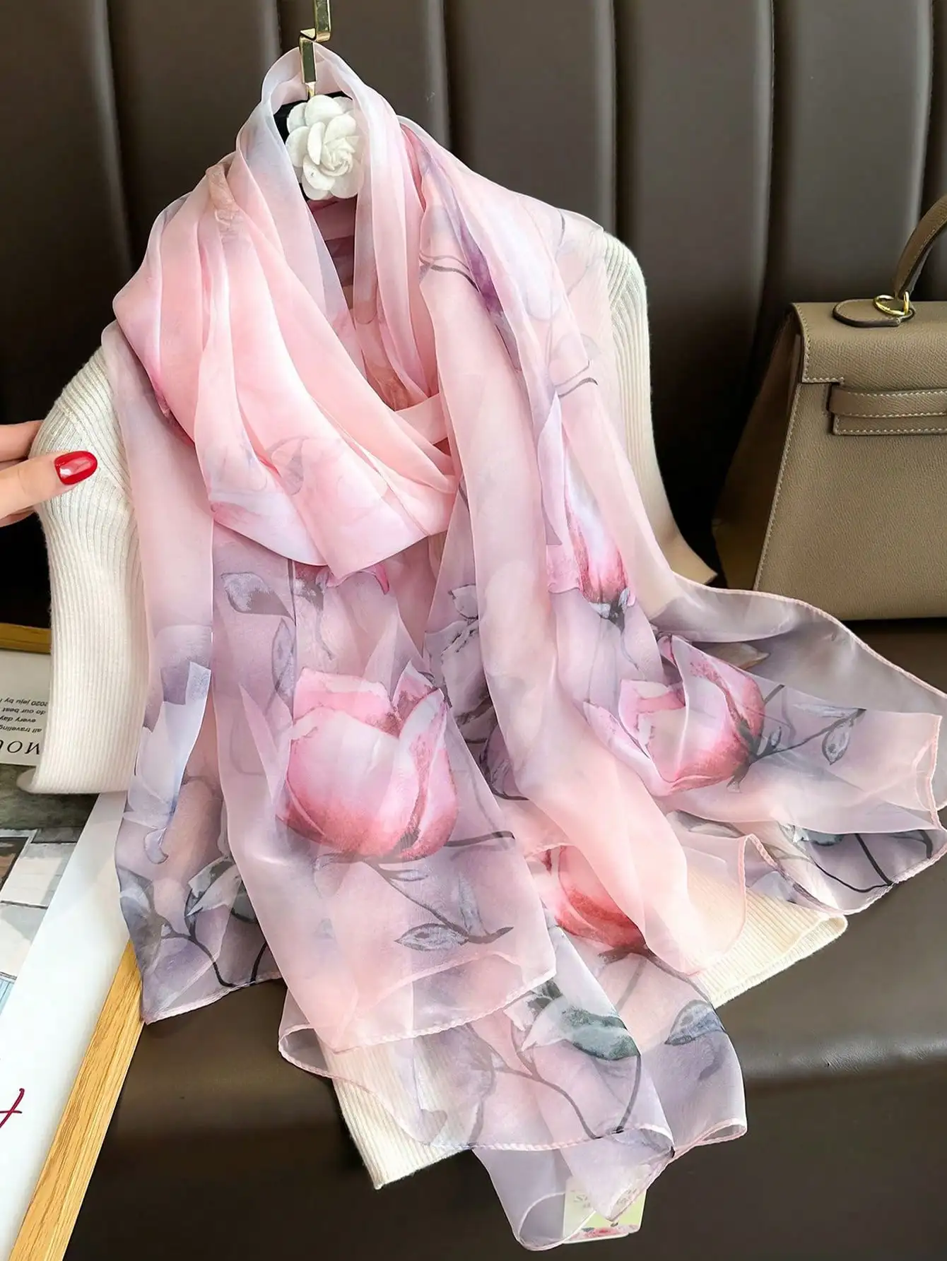 1pc Pink Floral Chiffon Scarf for Women, Lightweight Shawl, Versatile Travel Sunscreen Shawl Scarf, Autumn/Winter for Dress