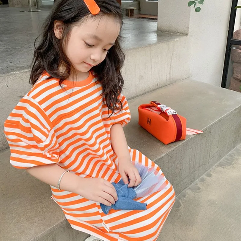 Girls T-shirt Stripe Middle Sleeve Long Tops Guard Dress Spring Summer New Childrens Clothing 2024 Round Collar Striped