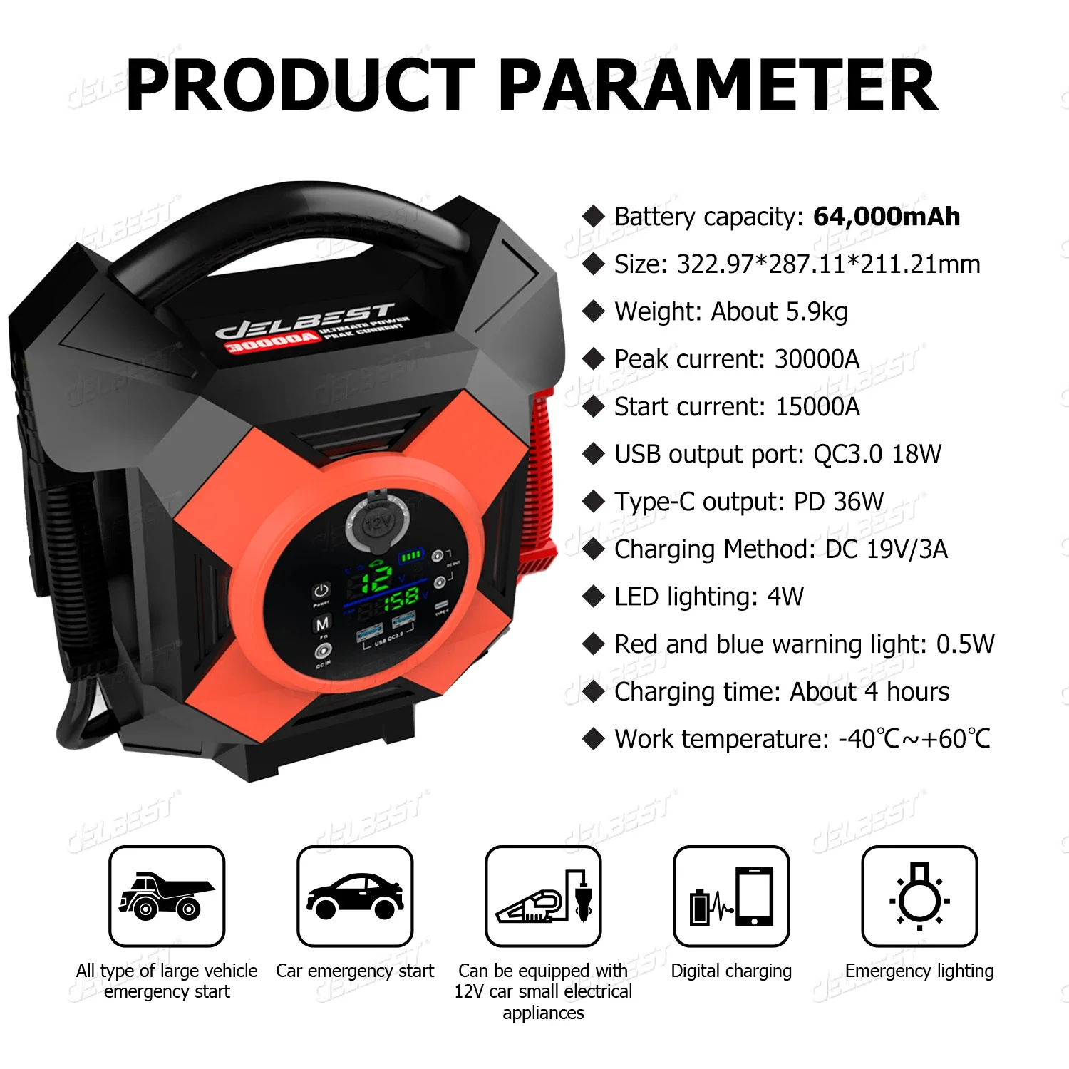 الصناعية 64000mAh سيارة الانتقال كاتب مع 30000A الذروة الطاقة PD 36 واط نوع C QC 18 واط USB تيار مستمر 12 فولت 10A منافذ لمركبة الطوارئ