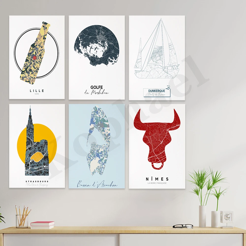 

La Rochelle Paris Nimes Arcachon Strass Morbihan Bay Lille Bay Dunkirk. France City Map. Home Wall Decor Art Poster