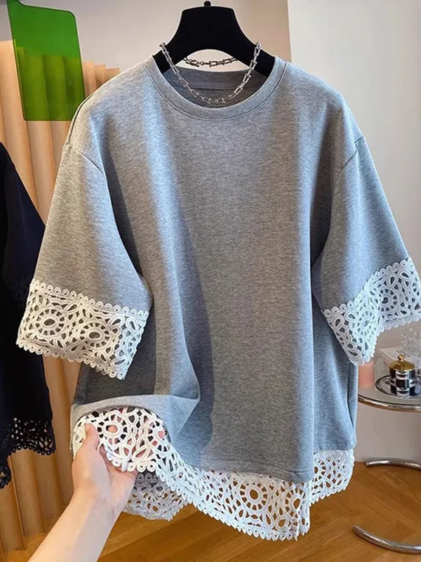 تي شيرت نسائي فضفاض لصيف 2025 مزين بالدانتيل مقاس كبير تصميم جديد متعدد الاستخدامات ملابس علوية غير رسمية سلع أوروبية يتم تشغيلها مباشرة إلى الرئيسي...