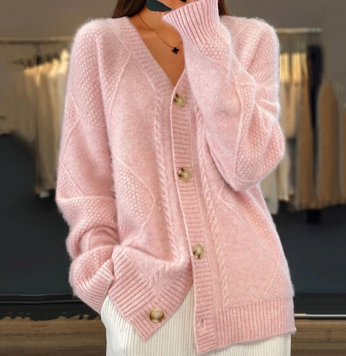 Solid Color Long Sleeved V-Neck Knitted Cardigan with Button Up Jacquard Sweater Jacket, New Hot Selling Women's Clothing