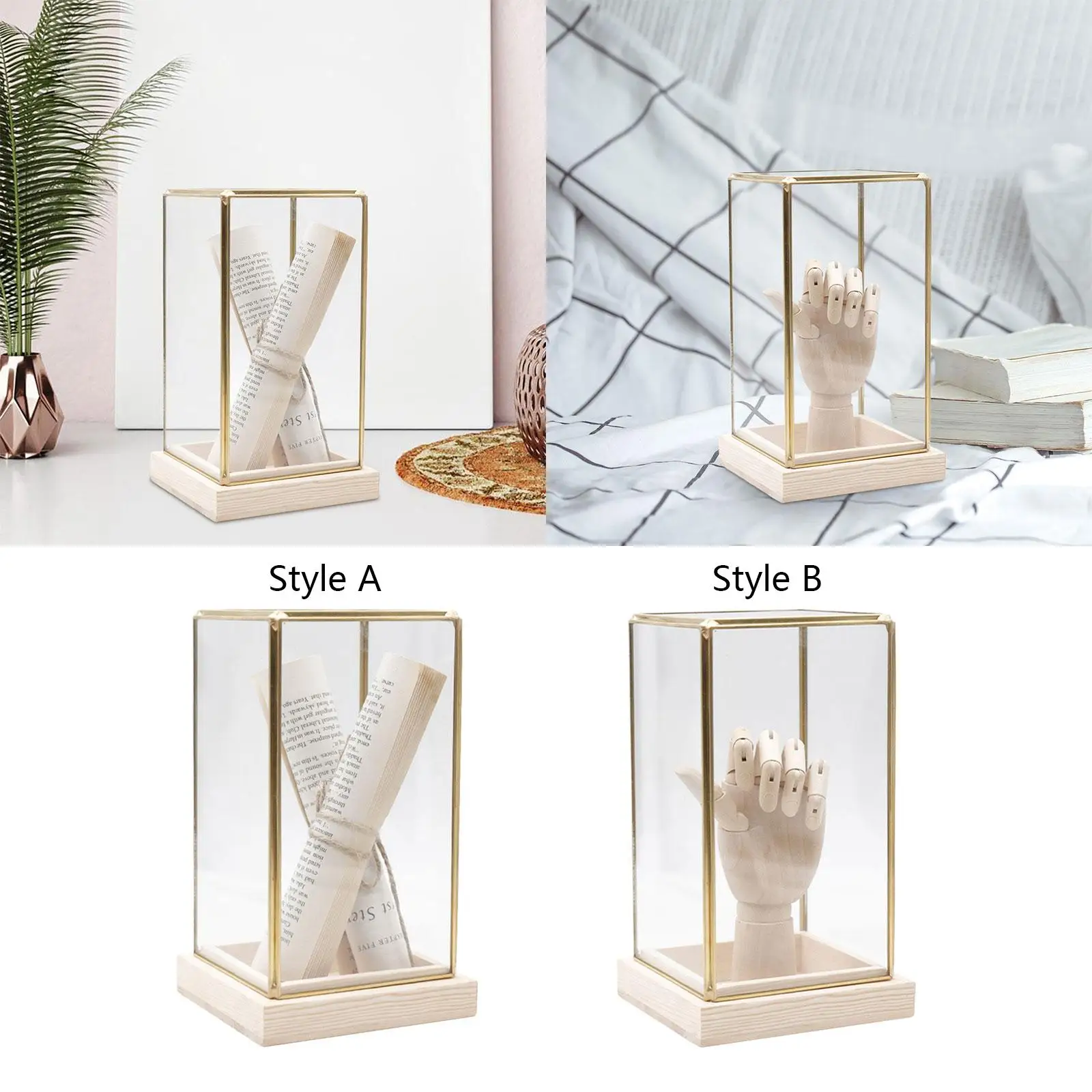 Transparent Countertop Ornament Showcase Brass Frame Wooden Base for Multifunctional Tabletop 11.5x11.5x20cm