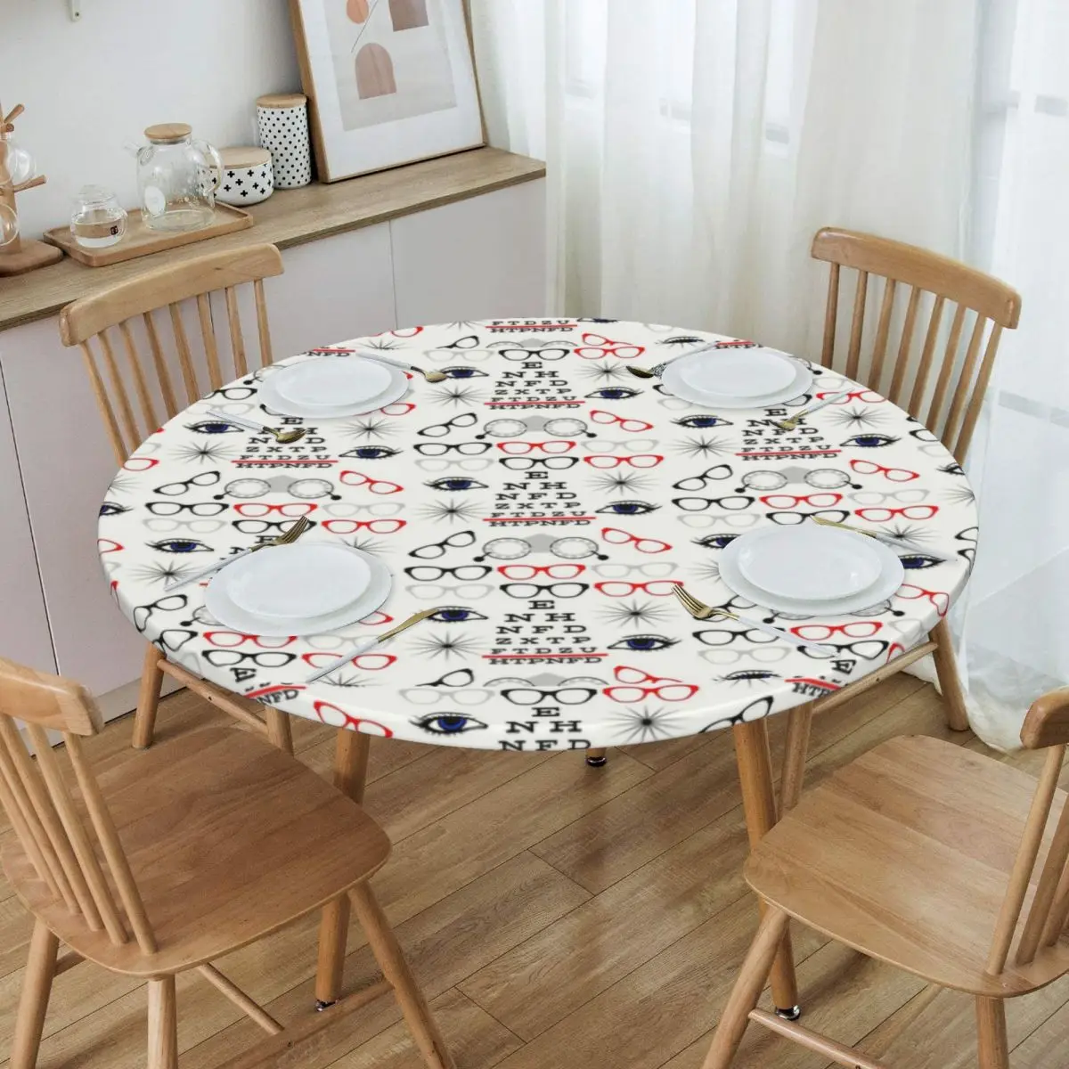 Round Oilproof Funny Optician Optometrist Table Cover Elastic Eye Test Chart Table Cloth Backed Edge Tablecloth for Picnic