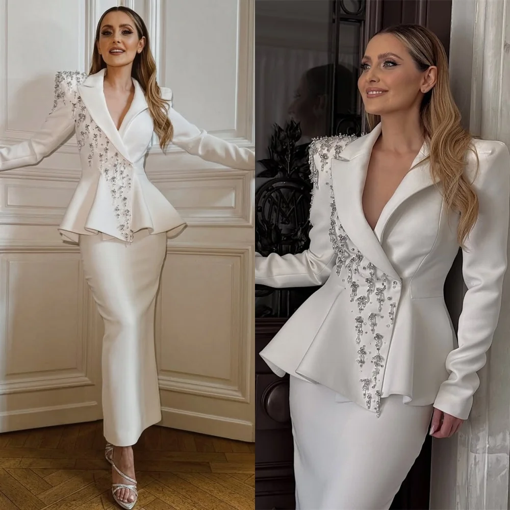 

Customized Temperament White Satin Evening Dresses High Quality V-Neck Long Sleeves Homecoming Dresses Luxury Party Gowns
