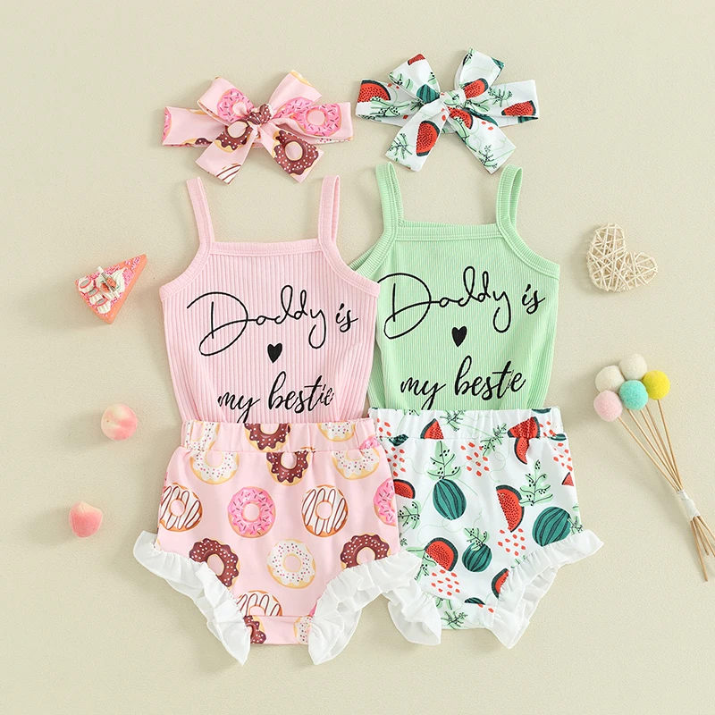 

Tregren Baby Girl Summer Outfit Sleeveless Ribbed Romper + Frill Trim Shorts + Donut Print Headband 3pcs Set Cute Infant Clothes