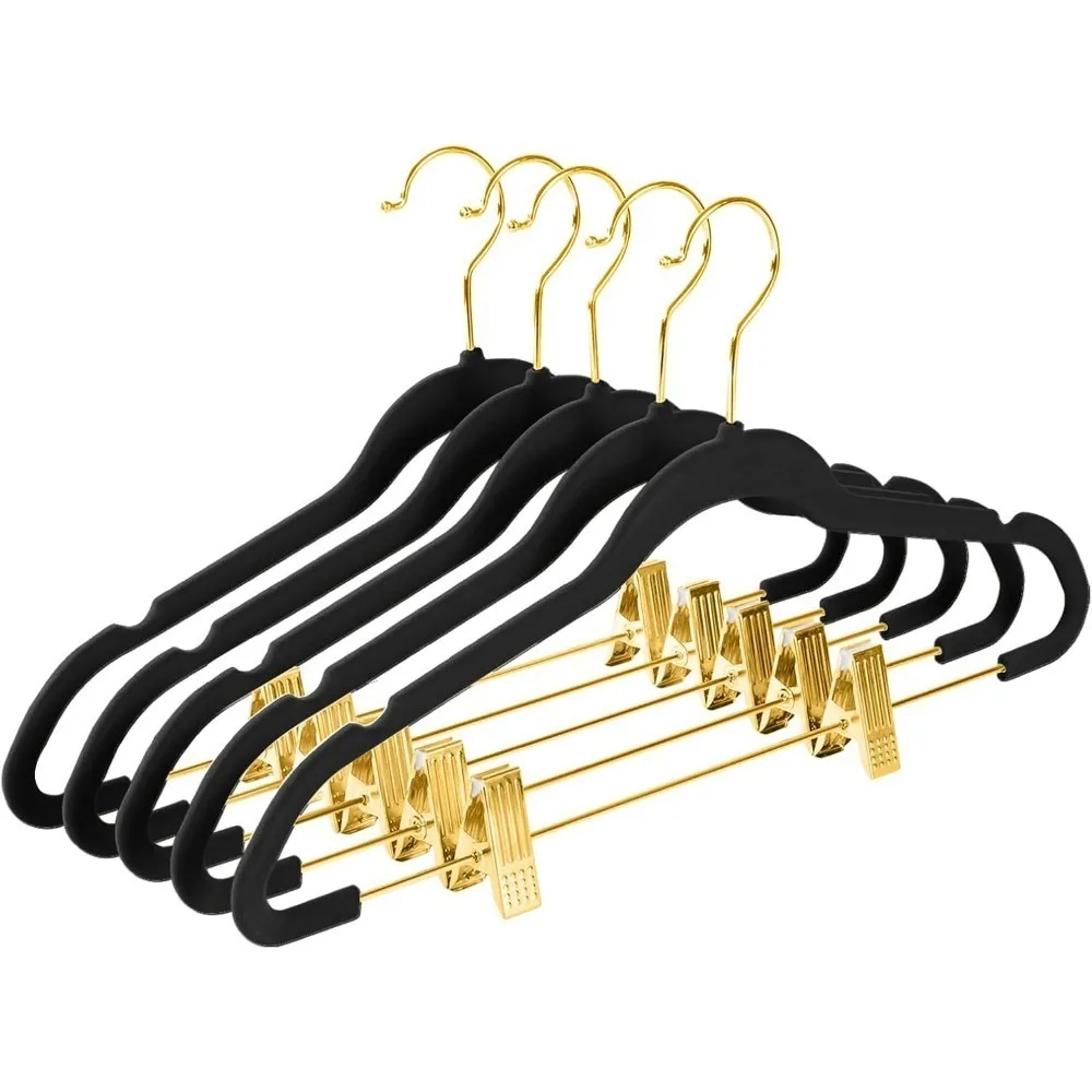 Space Saving Shirt Clothes Velvet Pants Slim Skirt Hangers with Clips Non Slip Felt Outfit Dress Hangers White Rose Gold Hooks