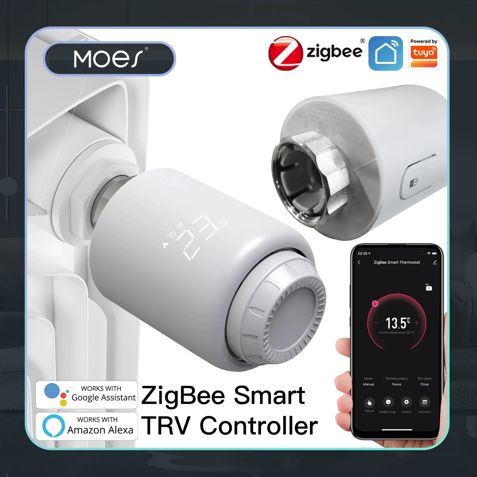 

Moes Tuya ZigBee3.0 TRV smart radiator actuator programmable thermostat valve temperature controller Alexa Google Voive