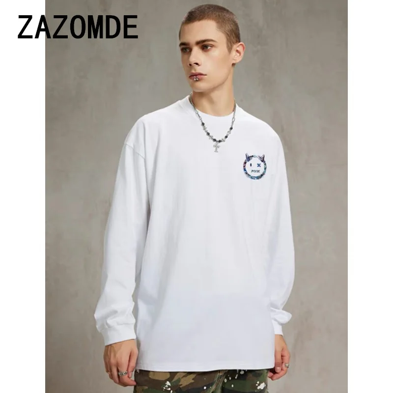 ZAZOMDE 100% Cotton Long Sleeve T-shirt Loose Plus Size Men O-collar Tops Harajuku Hip Hop Tee Casual Streetwear Y2k Clothes