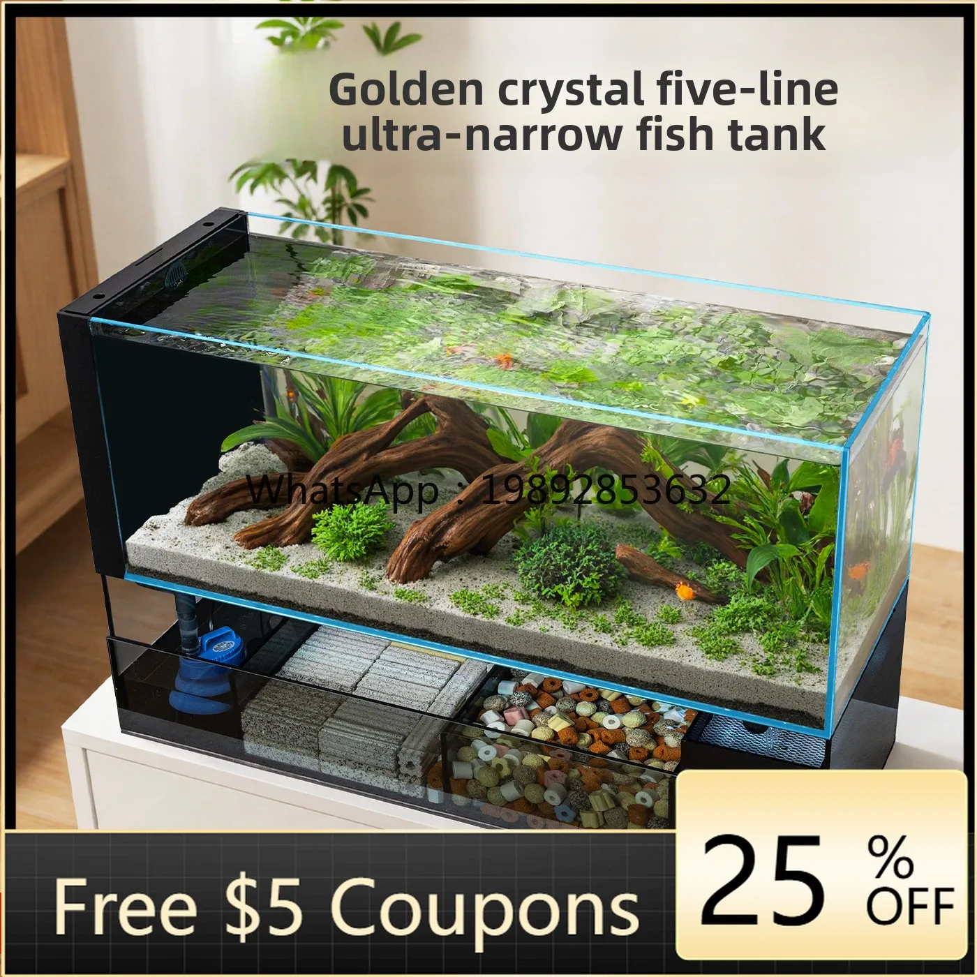 LYY Ultra White Gold Crystal Glass Ultra Narrow Fish Tank Filter Oxygen  Integrated Bottom Filter Home Living Room Stream Tank