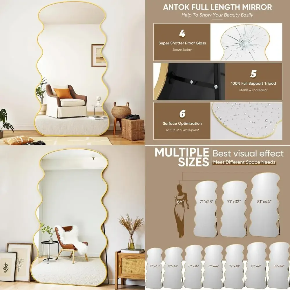 

Полноразмерное волнистое зеркало с подставкой для дома, 72x44, золотая отделка, идеально подходит для спален, гостиных и гардеробов.