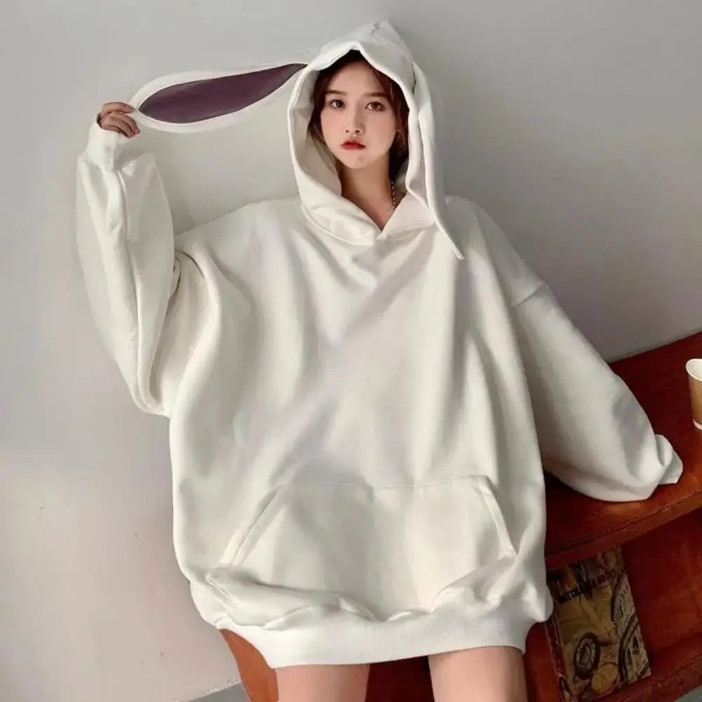 

Women Bunny Ear Hoodie Comfy Solid Color Hooded Top Cozy Bunny Ear Hoodie for Women Warm Pullover with Elastic Cuffs for Fall