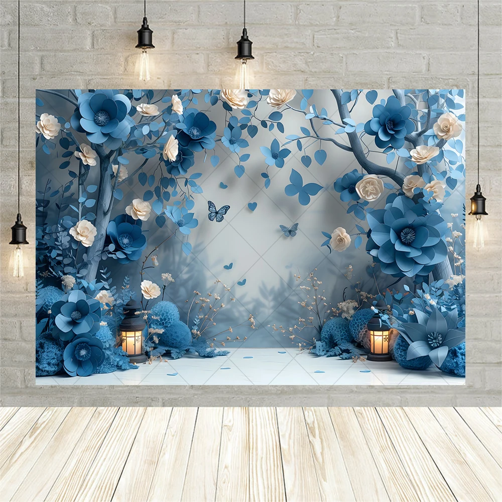 Blue Butterfly Floral Background Custom Baby Shower Decor Banner Birthday Wedding Portrait Photograph Backdrop Photo Studio Prop