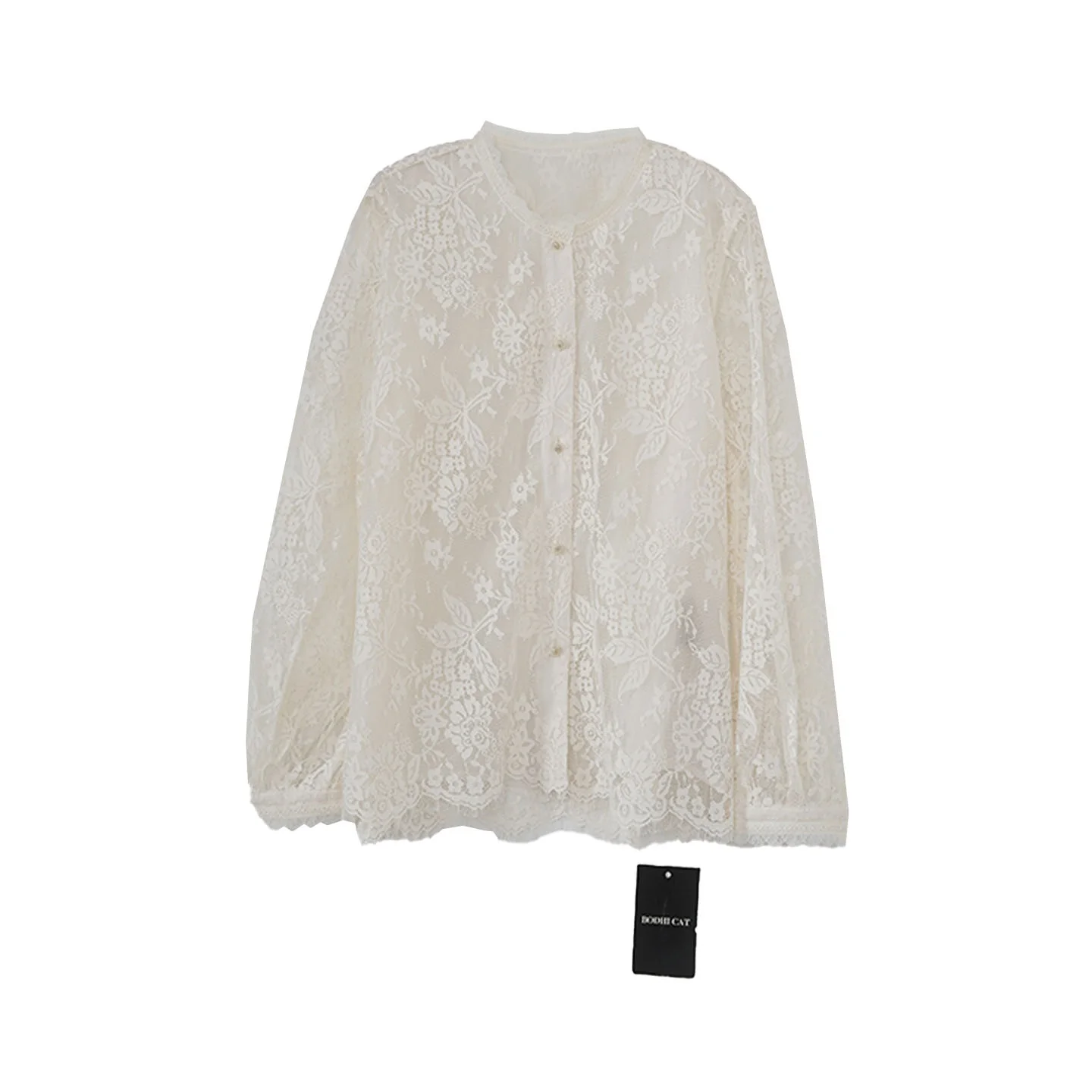 

Романтичная кружевная блузка Bodhl с цветочным узором, двухслойная, полупрозрачная, с круглым вырезом, элегантная, женская, дышащая, с длинными рукавами