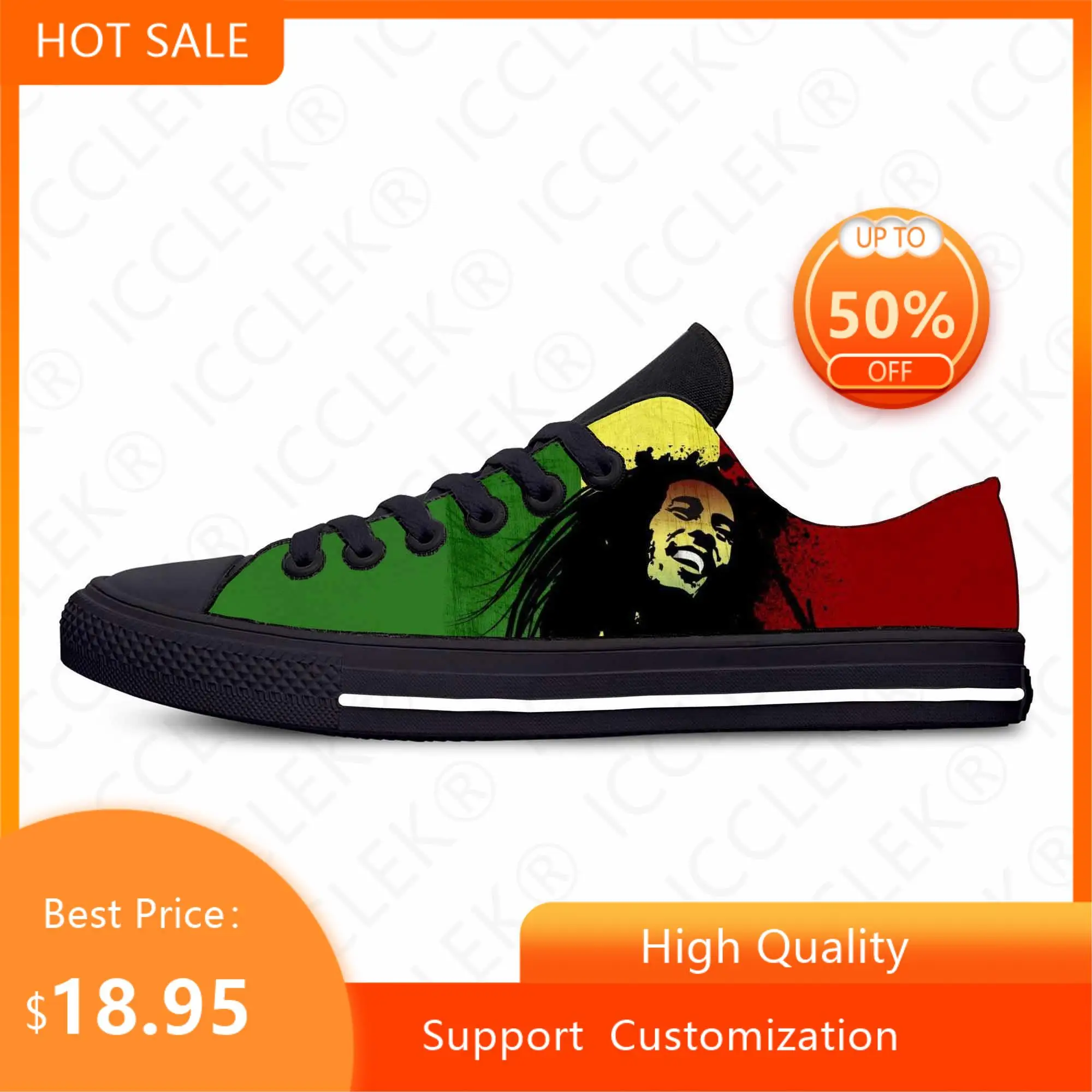 Legend Bob Marley Reggae Rasta Music Rock Fashion Casual Cloth Shoes Low Top Comfortable Breathable 3D Print Men Women Sneakers