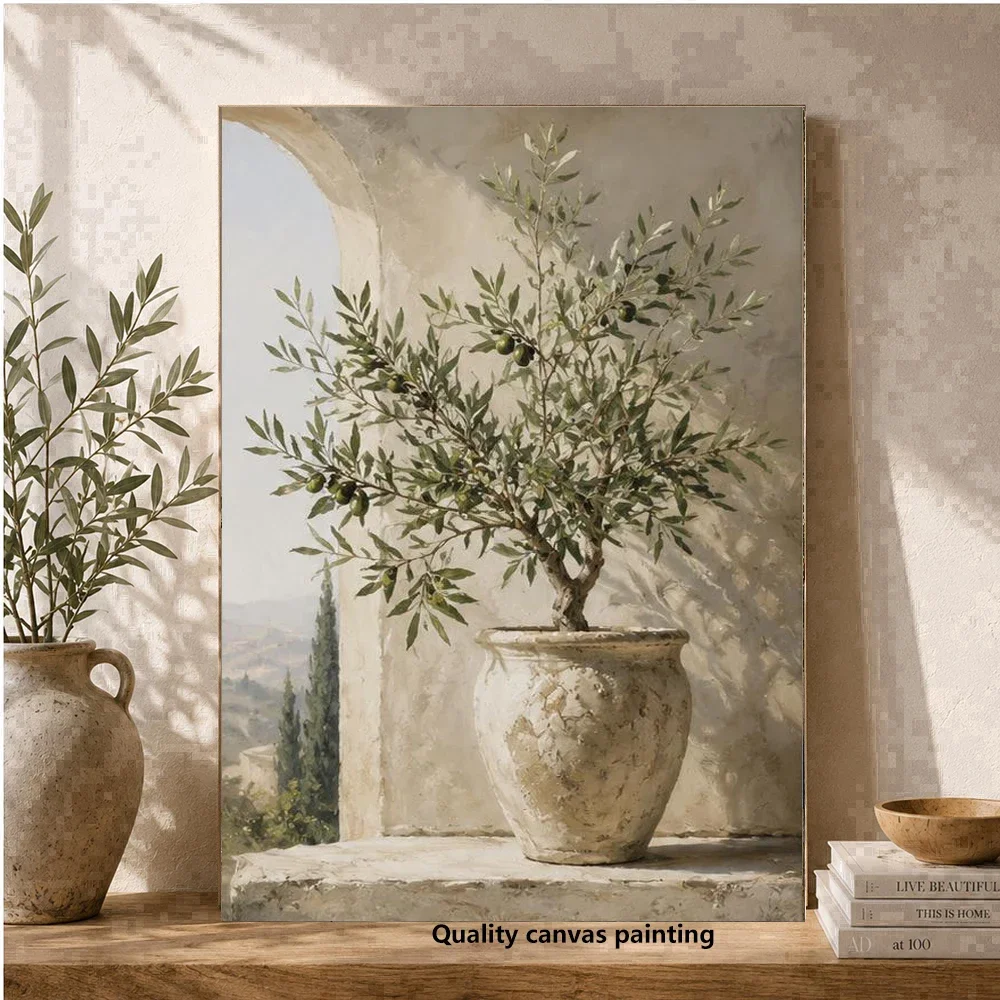 Frameless Canvas Painting Mediterranean Olive Tree Print, Rustic Botanical Wall Art, Neutral Kitchen Poster, Tuscan Farmhouse De