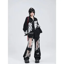 Women Gothic Black Jean Hot Girl Style High Street Design Frayed Ripped Pants On Both Sides High Waist Vintage Fashion Y2K Pants
