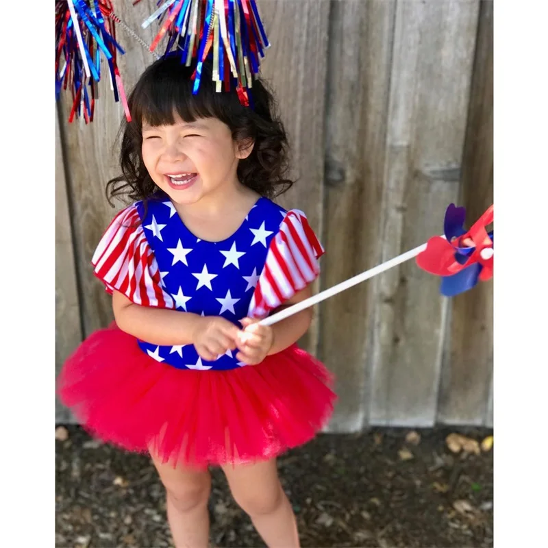 Fourth of July Toddler Girls Romper Baby American Flag Print Round Neck Flutter Sleeve Mesh Skirt Jumpsuit with Stars and