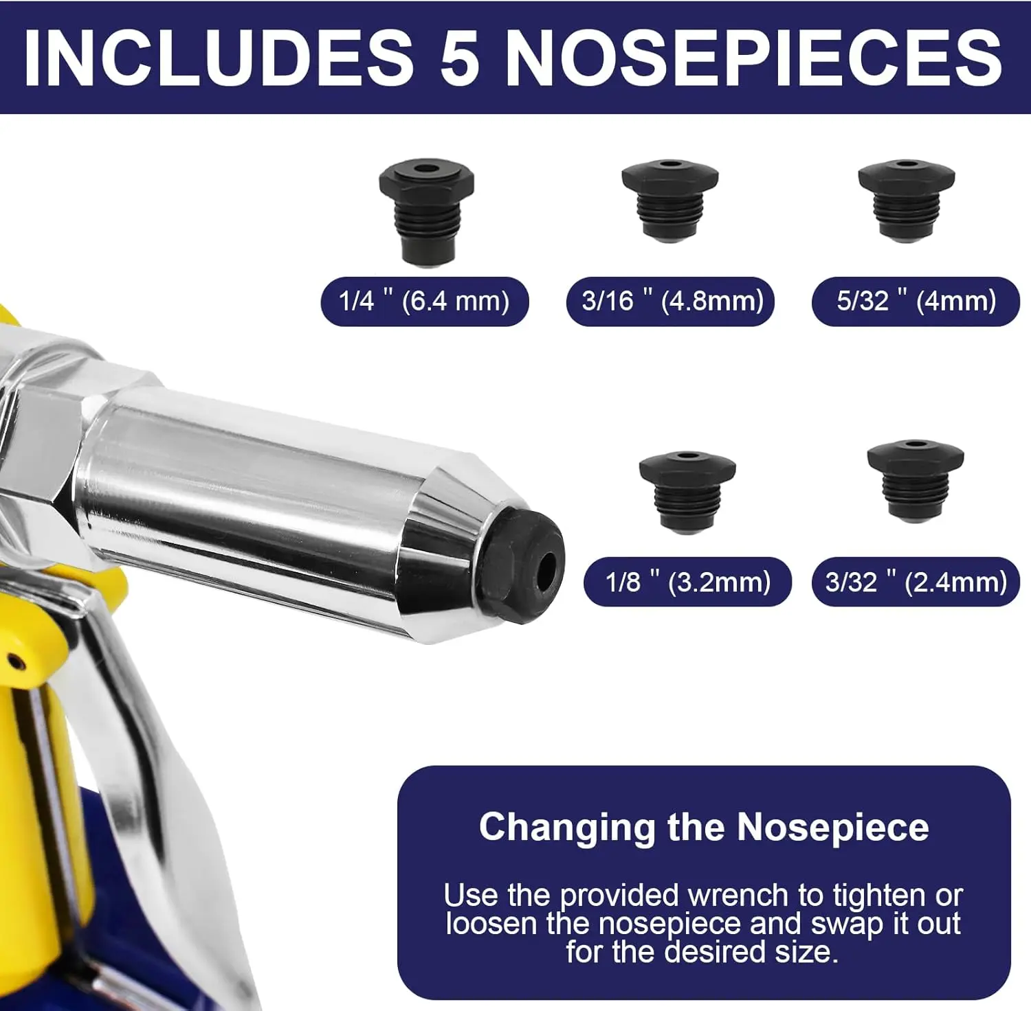 Rivet Gun Air Pop Riveter Gun Tool Kit 1/4" 3/16" 5/32" 1/8" and 3/32" Capacity Nosepieces with 50PCS Rivets Upgrade Pop Pneumat