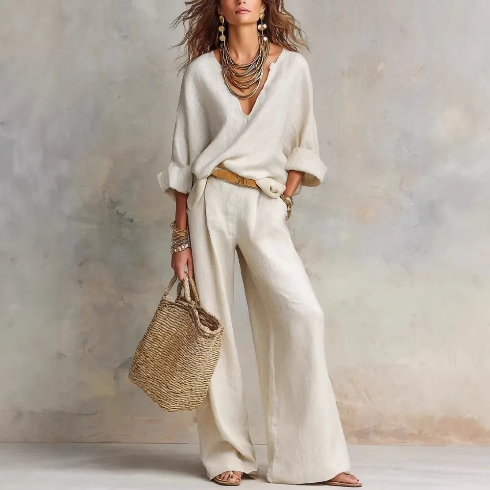 

Women's Linen 2 Piece Outfit V Neck Roll Sleeve Loose Blouse&High Waist Wide Leg Pants Casual Daily Beach Vacation Matching Suit