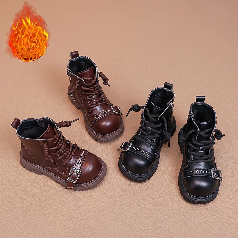 Children High-top Leather Boots Boys British Style Toddler Boots Girls Fashion Side Zip Closure Autumn Shoes Botas Para Niñas