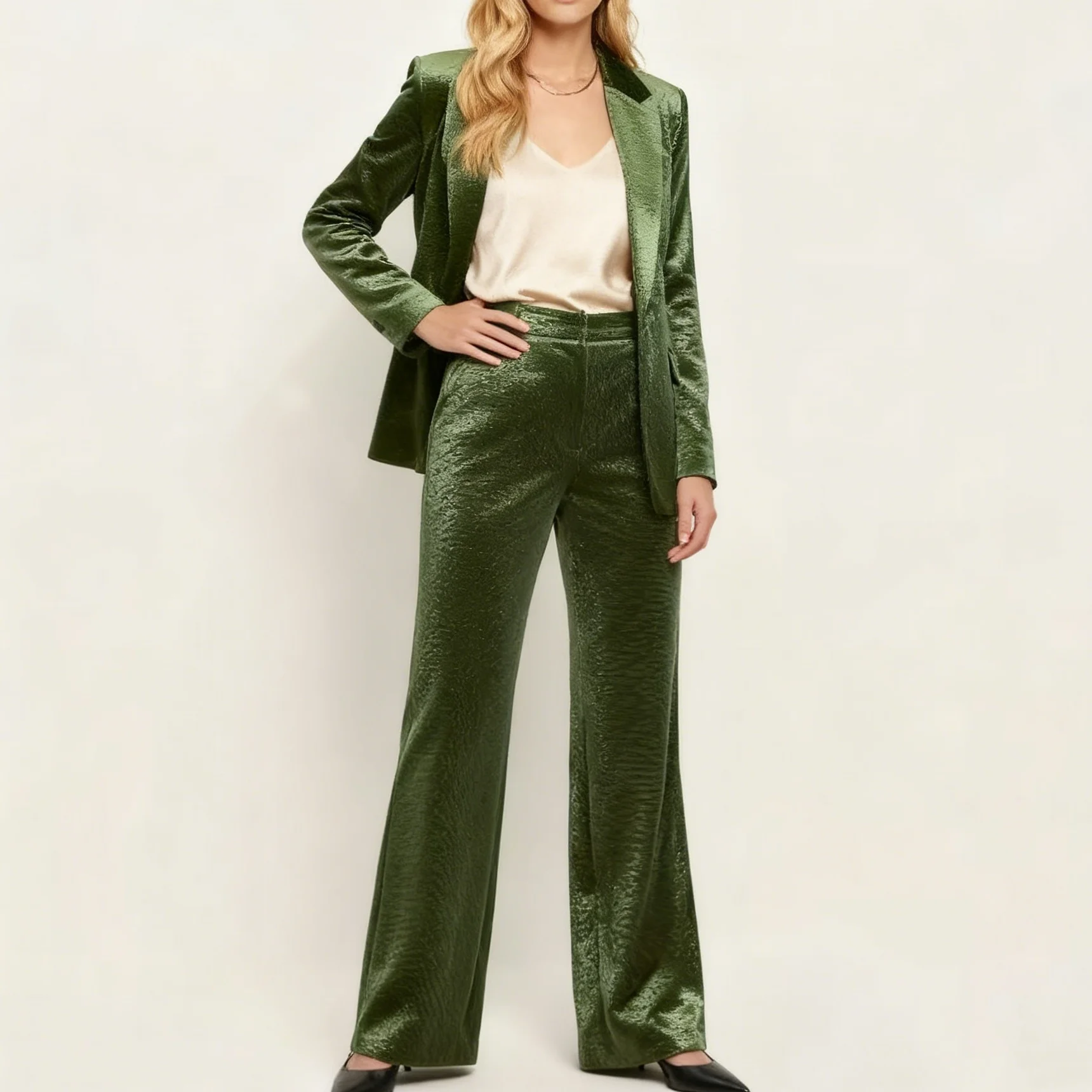 

Green Velvet Suit Set for Women, Blazer & Wide Leg Pants, Elegant Workwear, Office Fashion