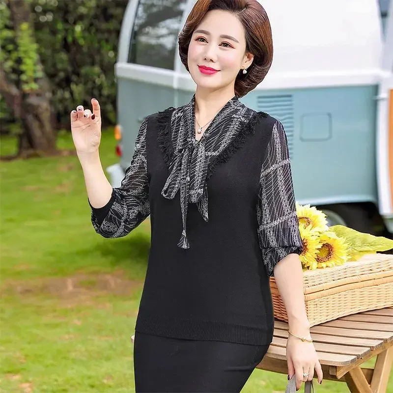 Elegant Middle Aged Women Tie Neck Patchwork Knit Top Loose Fashion Three Quarter Sleeve Blouse Autumn Daily S 4XL