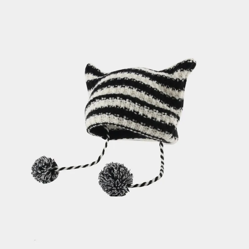 Imp Cat Ears Wool Cap Fall and Winter Warm with Striped Knit Cap Street Hip-hop Cap Wool Ball Cotton Cap Ear Protection Head Cap