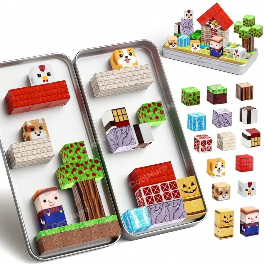 

Mini Magnetic Blocks Farm Animals, 35PCS Portable STEM Building Cubes Metal Box Travel Toys Kids 3-8