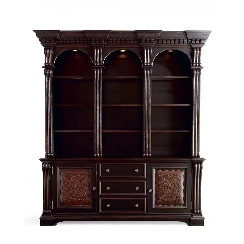 

European antique and light luxury, high-end study carving, solid wood bookcase, leather decorative locker