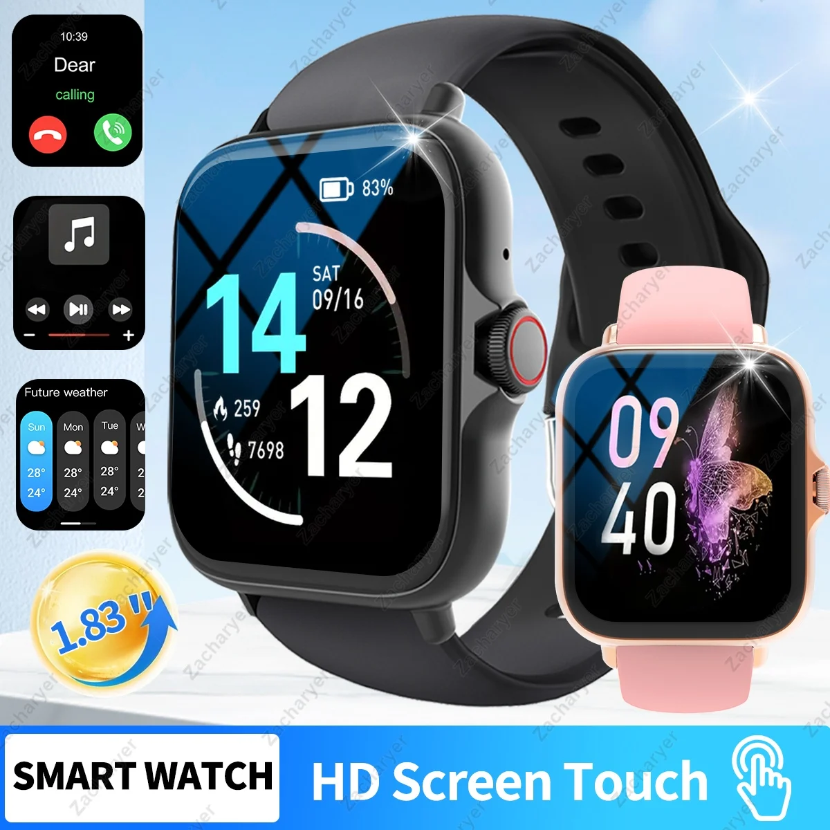 

Smart watch, wireless calling/dialing, music control, call reminder and rejection, message reminder, application reminder, sport