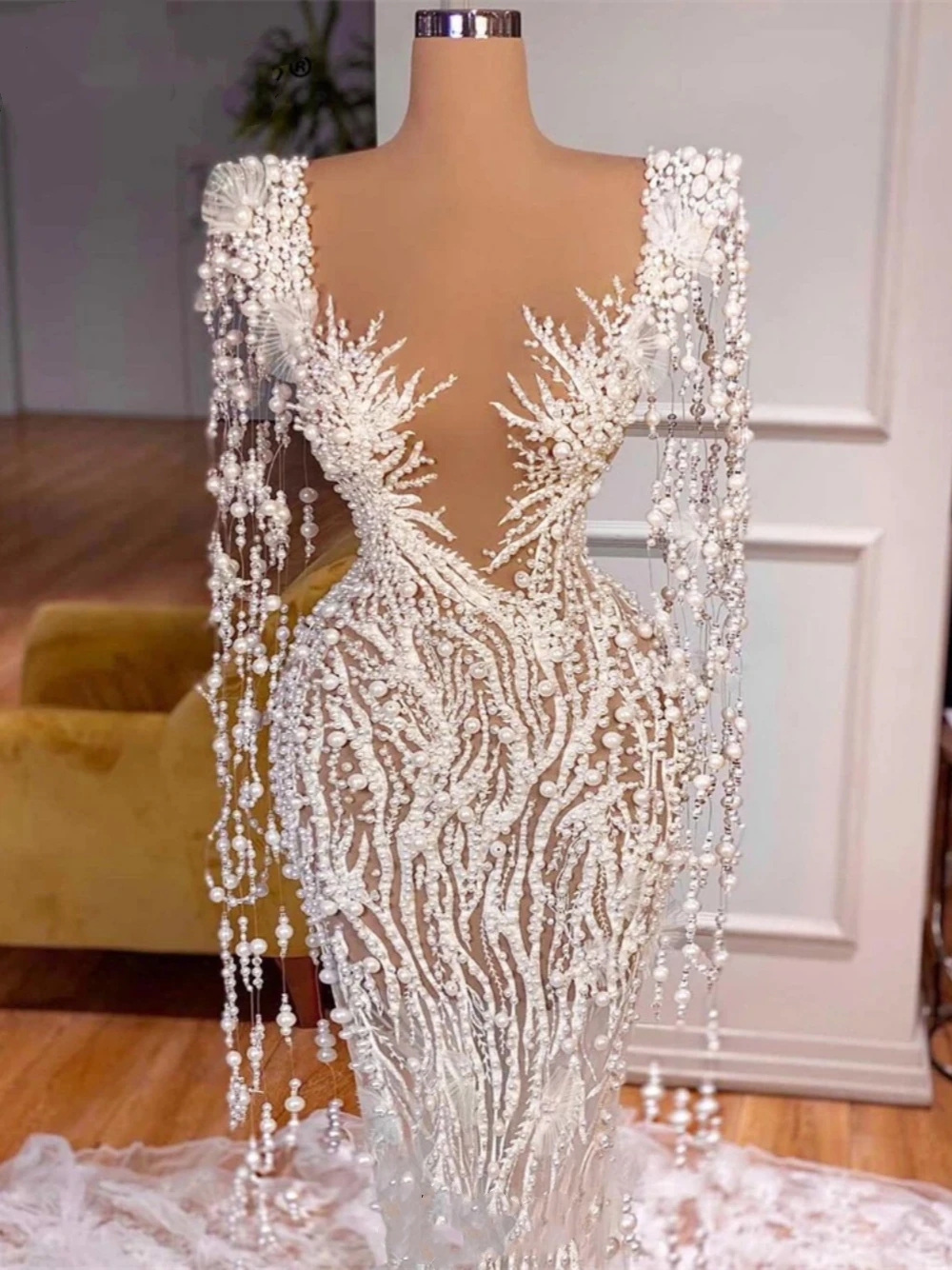 Attractive Sweetheart Neck Pearls Tassel Evening Dress Luxurious Mermaid See-through Appliques Stylish Cocktail Wear Customized