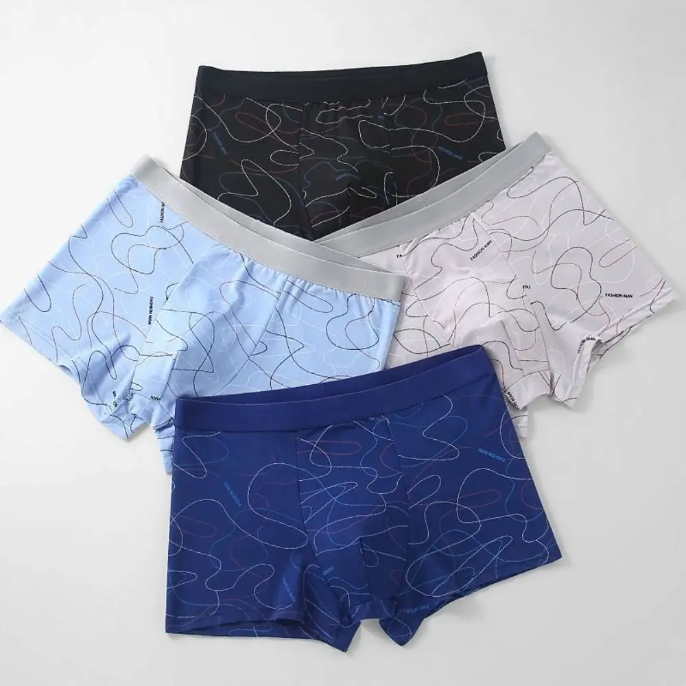 

4Pcs Stripe Letter Men's Flat Panties Mid Waist Seamless Sporty Boxers Shorts Large Size Underpants Men's Underwear Male/Boys