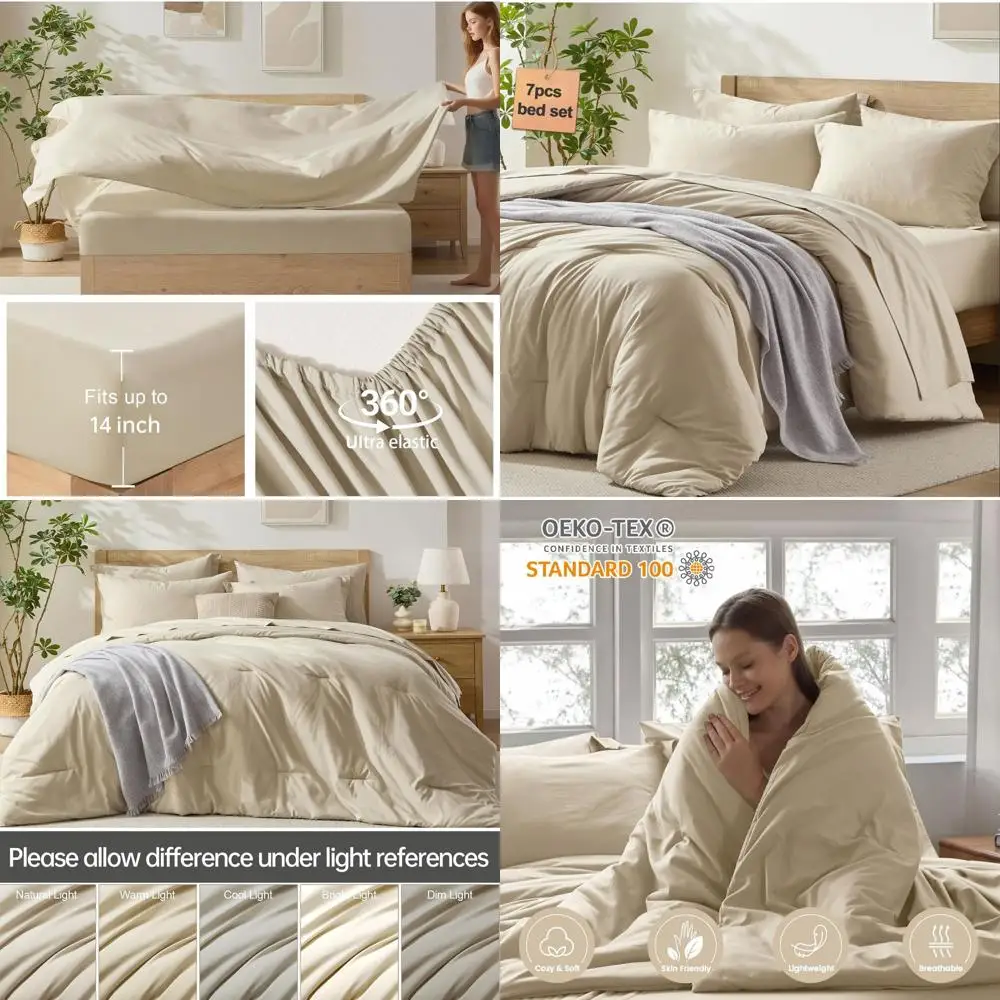 

7-предметный комплект постельного белья бежевого цвета, легкий, машинная стирка, размер Queen, включает простыни, полный комплект в одной упаковке.