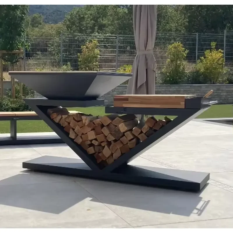 Corten Steel Fire Pit Portable BBQ Grill Smoker Outdoor Charcoal Brazier Garden Barbecue Oven Patio Camping Backyard Cooking