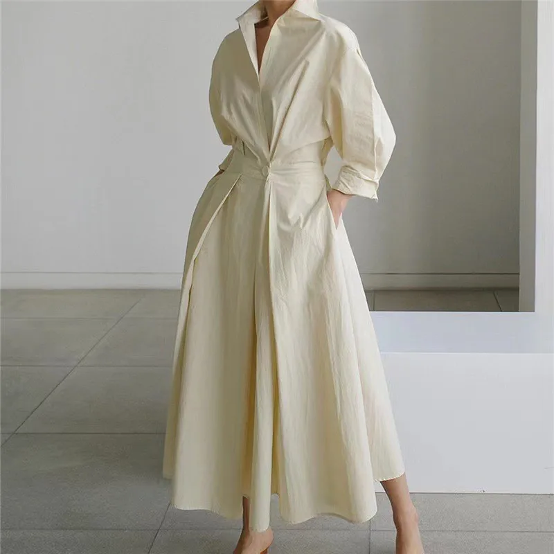 Camicia a maniche lunghe con colletto POLO con elastico in vita Abiti lunghi Abiti stampati Abiti femminili Abito formale da donna elegante