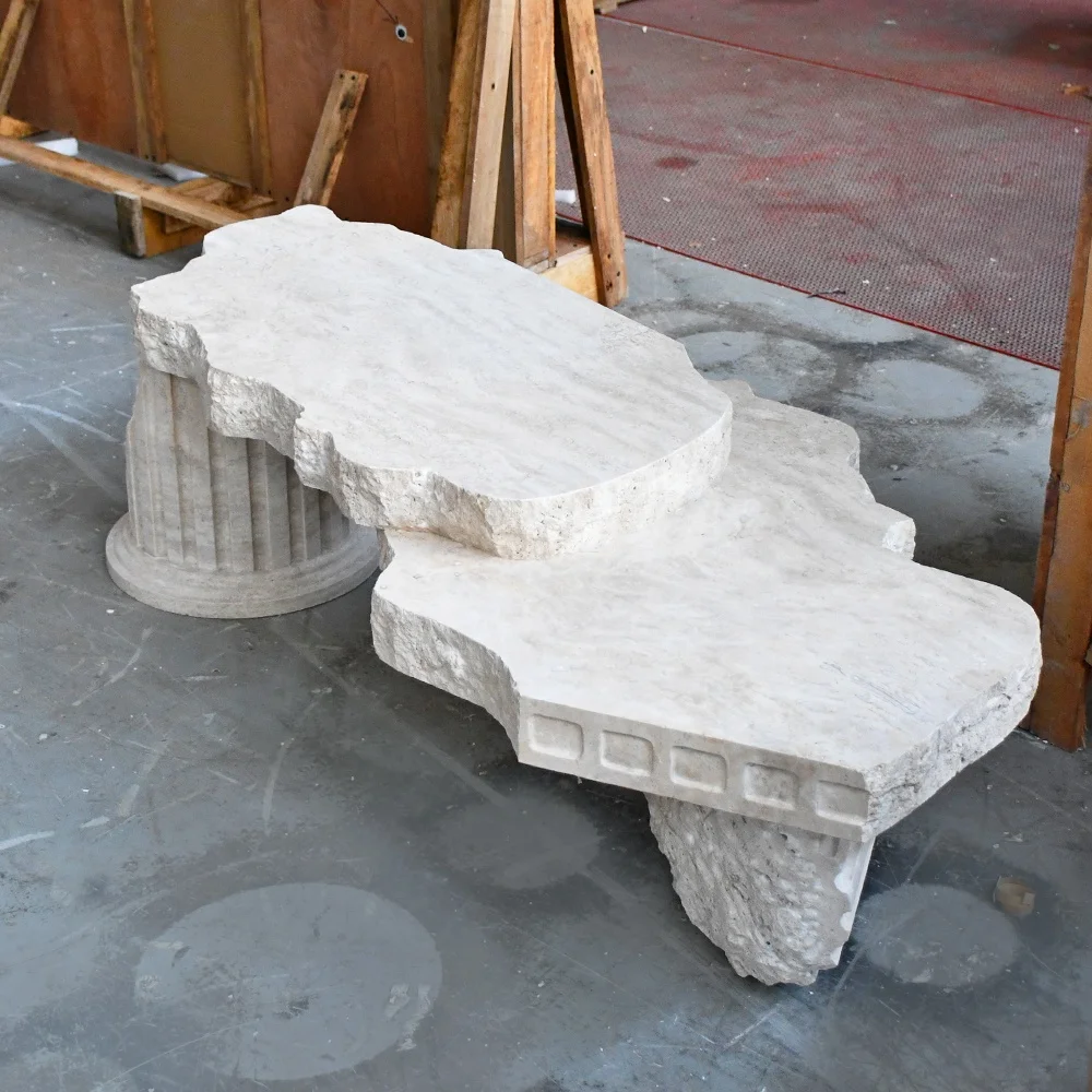 Modern simple home furniture, natural marble base, living room sofa, travertine irregular coffee table