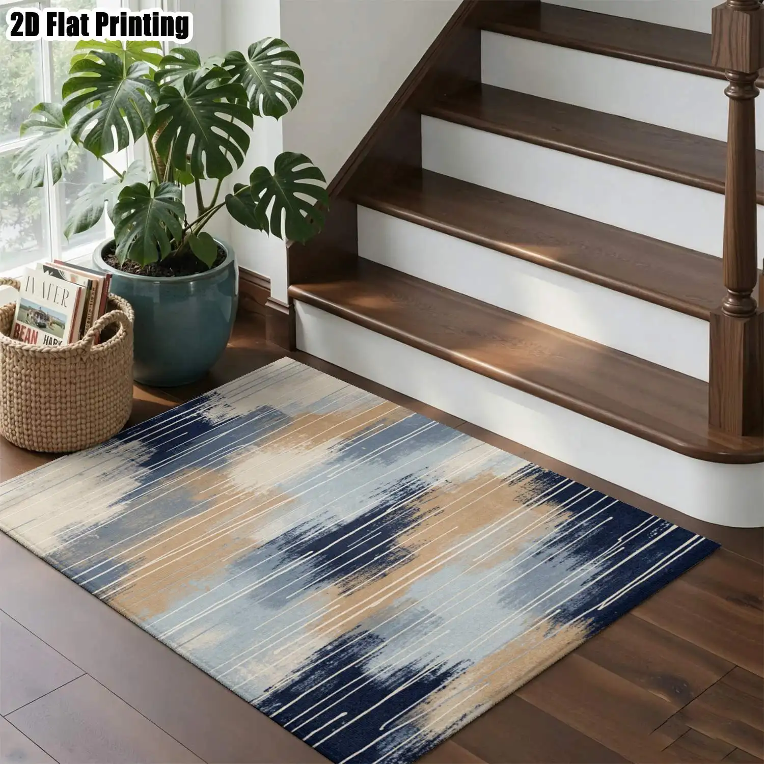 1Pc 2D Printed Abstract Art Nordic Carpet, Blue Yellow White Pattern, Machine Washable, Multi-Size, for Home Decor, Entryway, Dining Room, Bedroom, Living Room