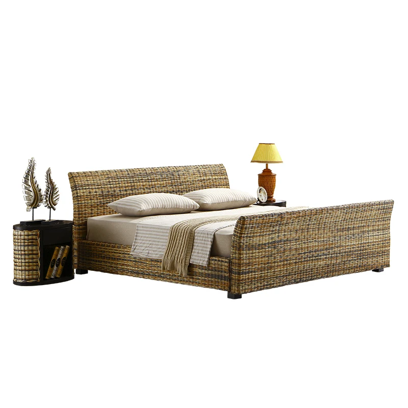 Custom rattan bed hotel suite rattan furniture bedroom real rattan 1.8m double bed hotel Advanced sense  bed