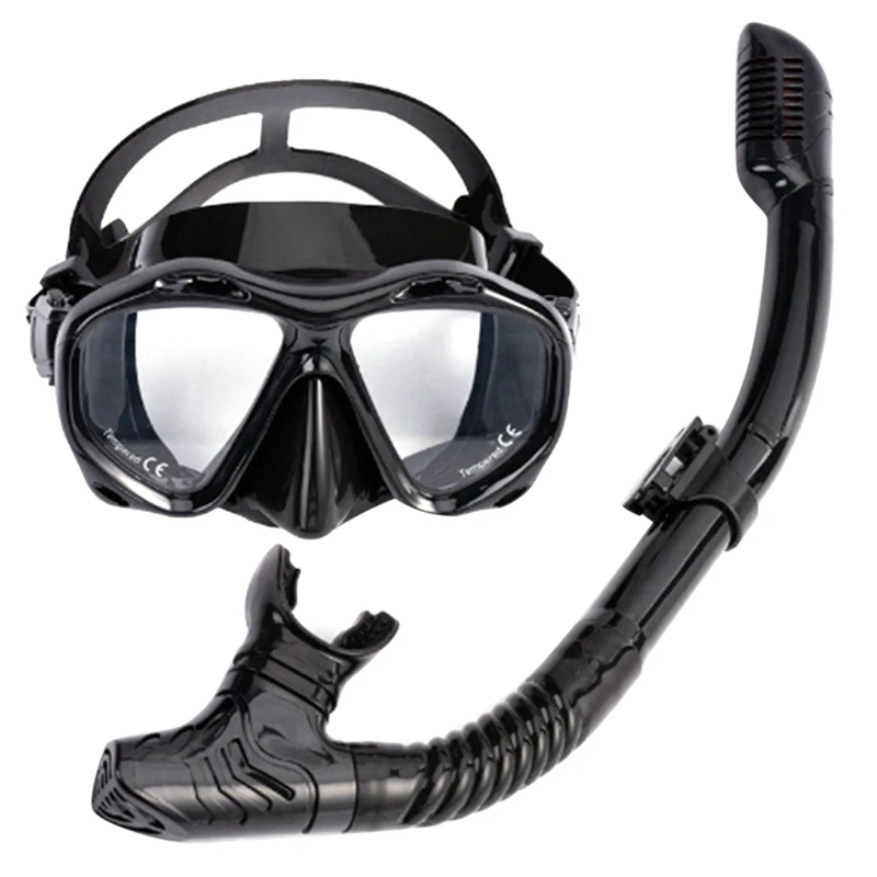 

Dry Snorkel Set Diving Mask Professional Scuba Swimming Goggles Anti-Leak Anti-Fog Wide View Lenses Adults(Black)