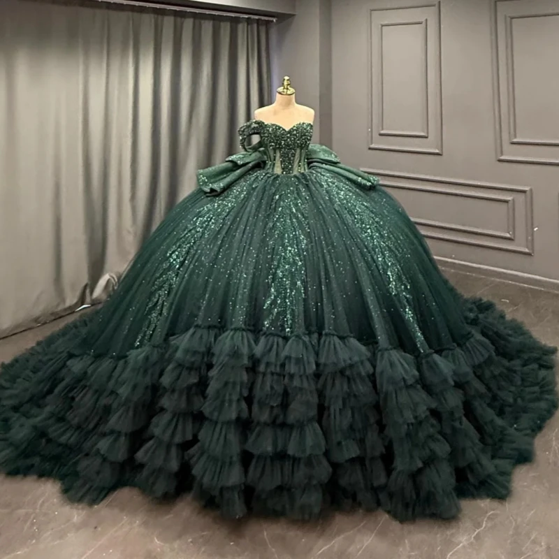 

Dark Green Shiny Quinceanera Dresses Ball Gown Off Shoulder Applique Lace Beading Crystal Bow Tiered Tull Birthday Payty Sweet