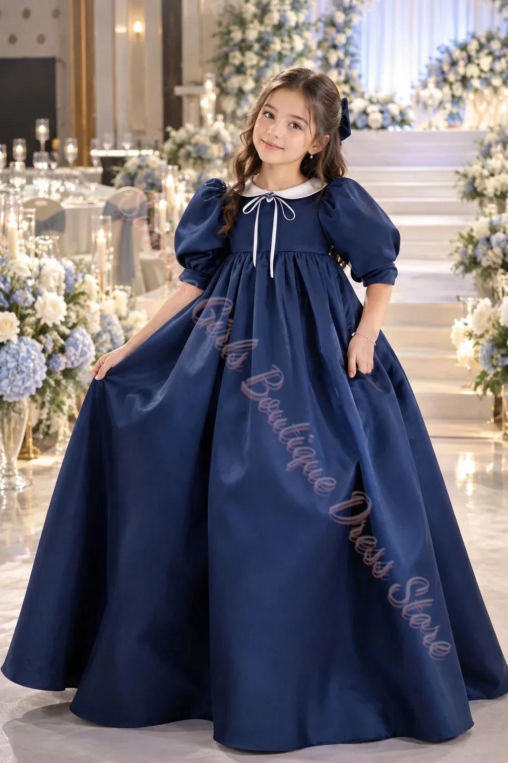Maßgeschneidertes, blaues, flauschiges Blumenmädchenkleid für Hochzeiten, mit Puppenkragen, aus Satin, mit 3/4-Ärmeln, für die Erstkommunion, Kindergeburtstagsfeier, Großhandel – Detail 5